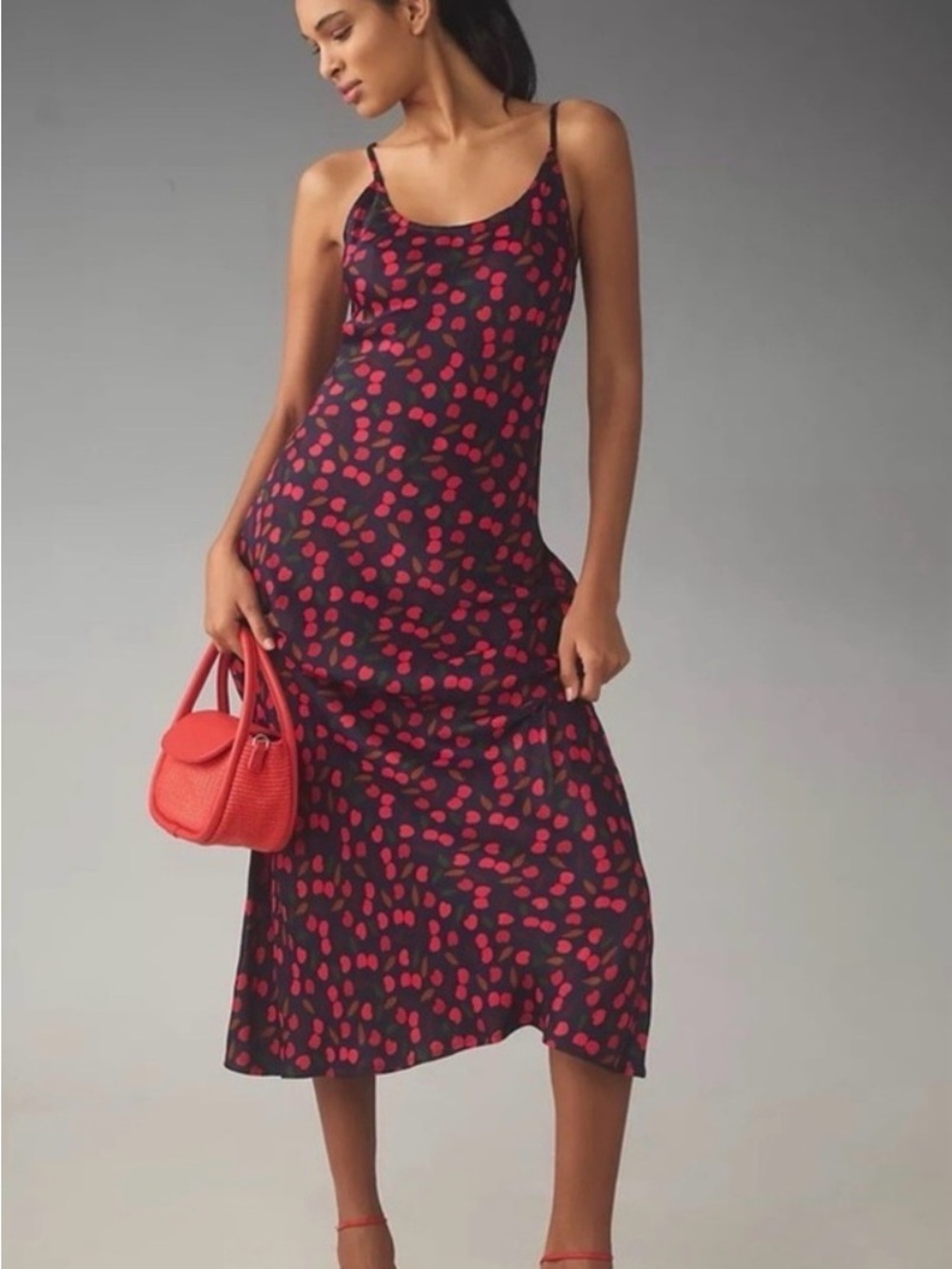 Anthropologie x Conditions Apply Elva Printed Midi Slip Dress Cherry